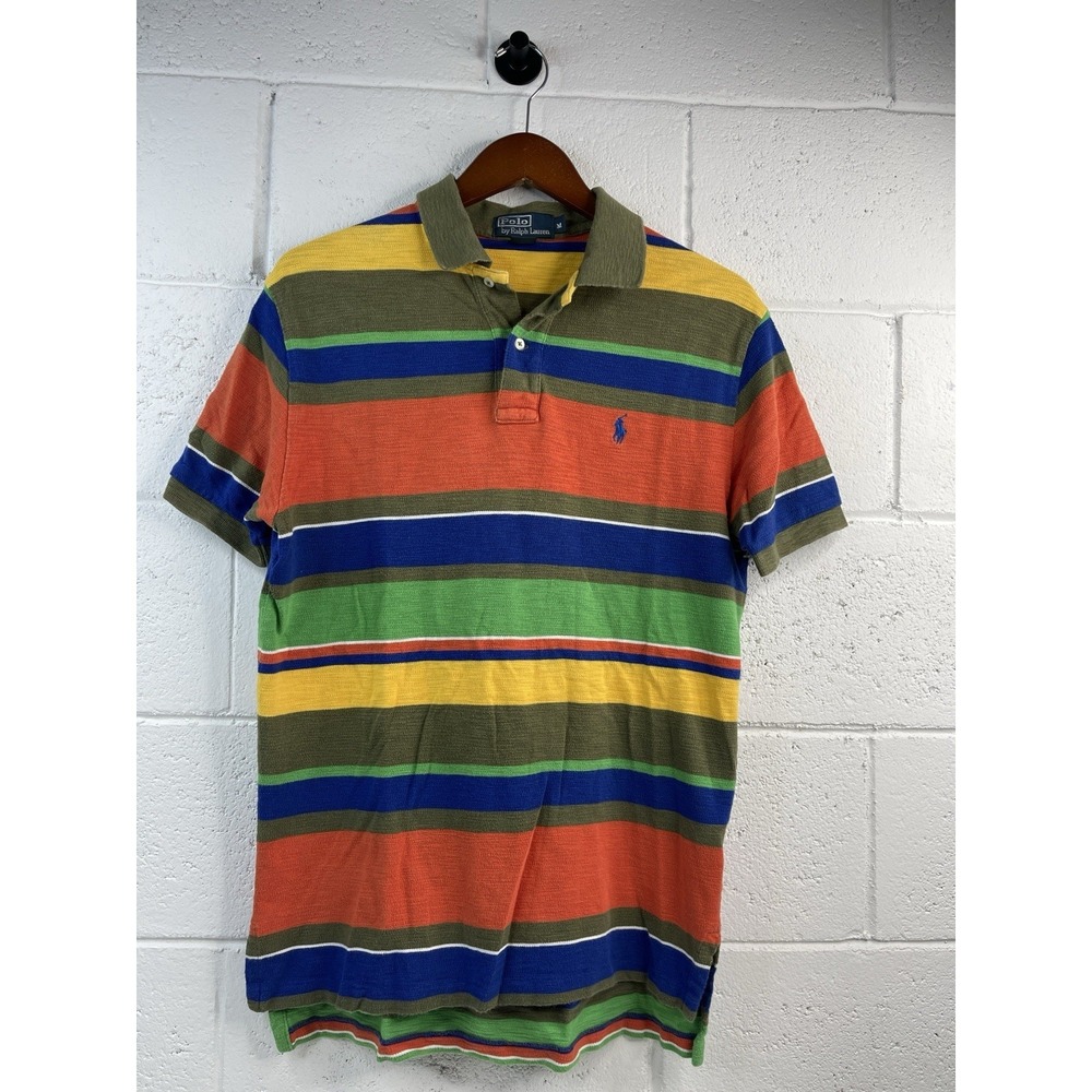 VTG 90's Ralph Lauren Polo Multi Color Wide Striped Men's Short Sleeves Sz M